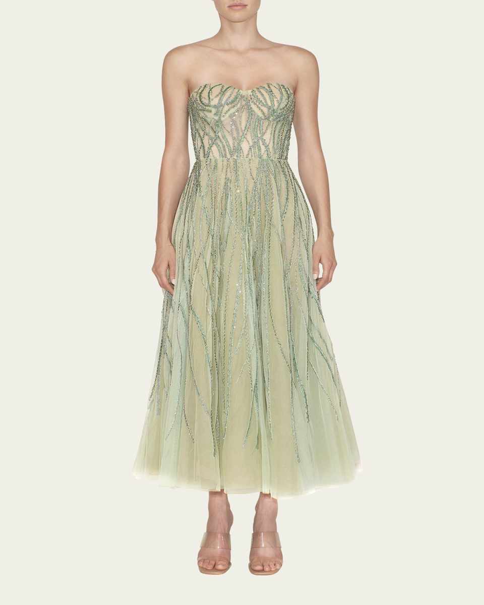 Bead-Embellished Strapless Tea Length Dress